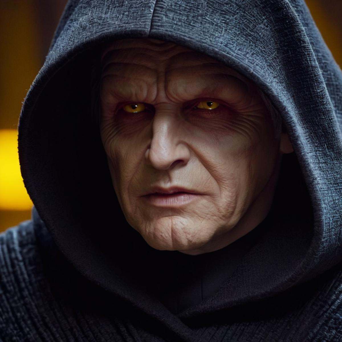 cinematic film still of Darth Sidious a close up of a man in a hoodie with a hood on and yellow golden eyes in star wars u...
