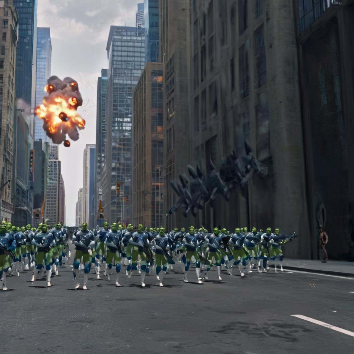 cinematic film still of detailed perfect Flaxans Race a group of Flaxans army in a city with a giant portal in the backgro...