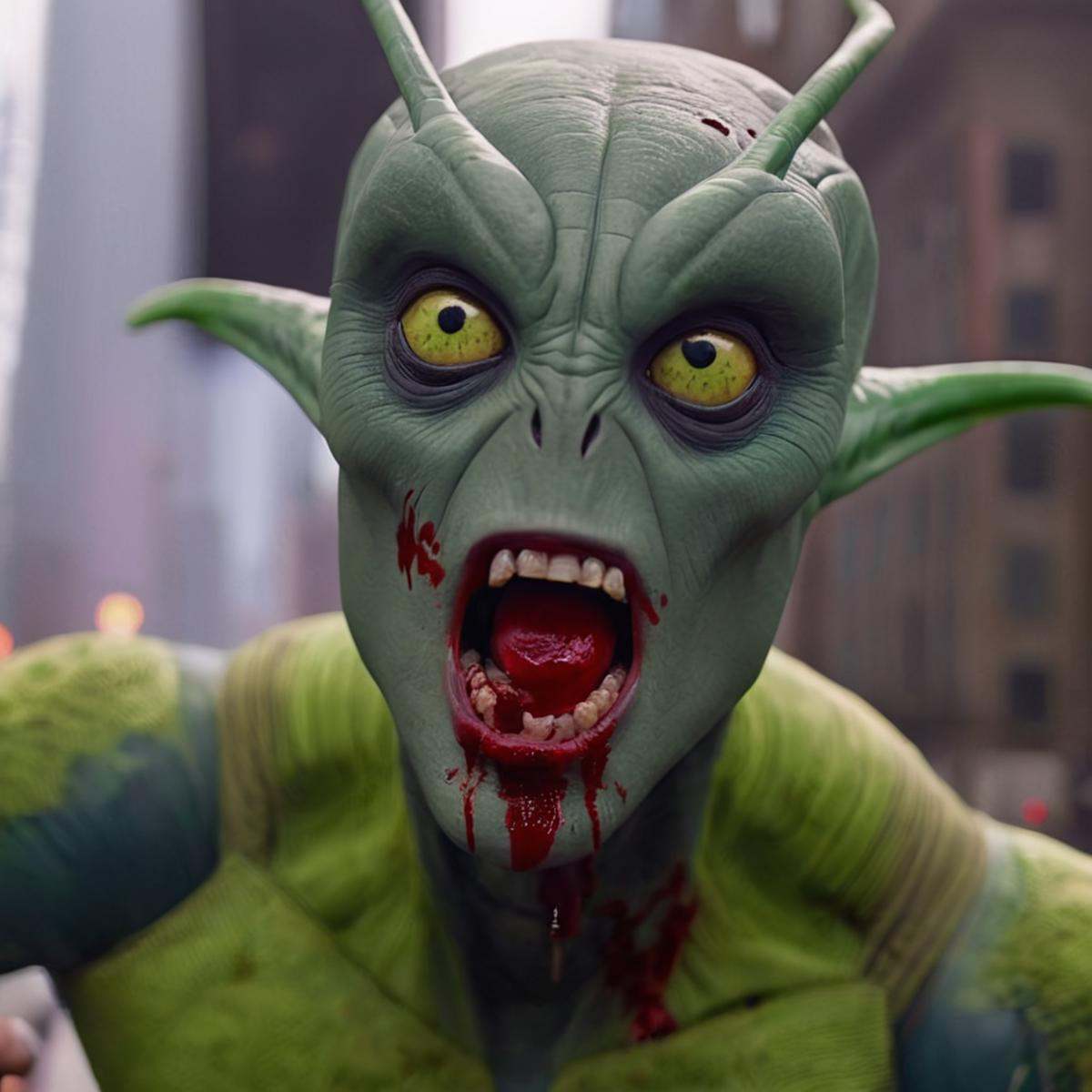 cinematic film still of detailed perfect Flaxans Race a green alien with a bloody face and a red blood on his face,  invas...
