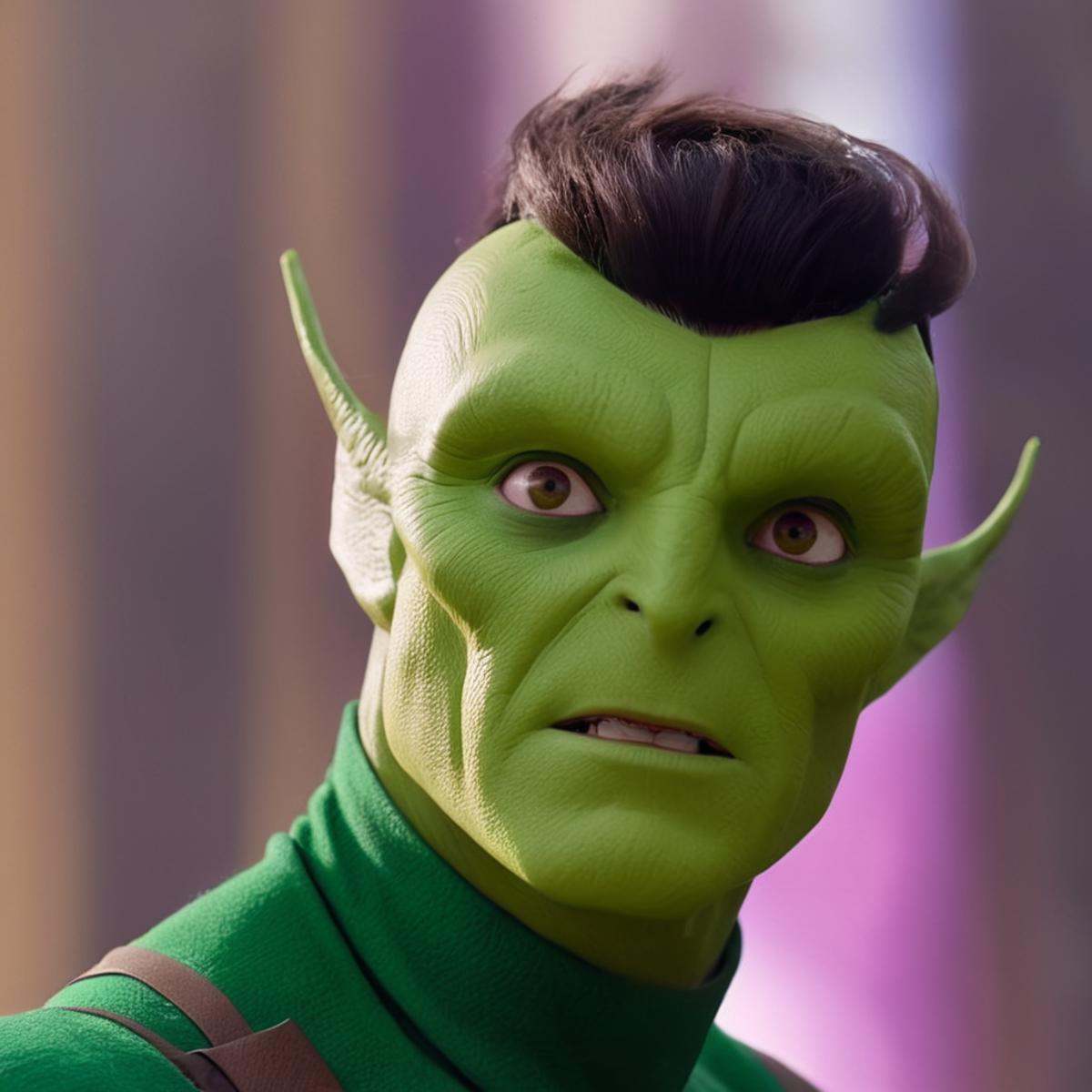cinematic film still of detailed perfect Flaxans Race a Flaxans leader man in a green costume holding his fac,  invasion,...