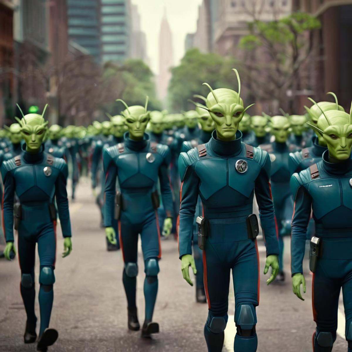 cinematic film still of detailed perfect Flaxans Race a group of Flaxans aliens marching down a street,  invasion,  inter-...