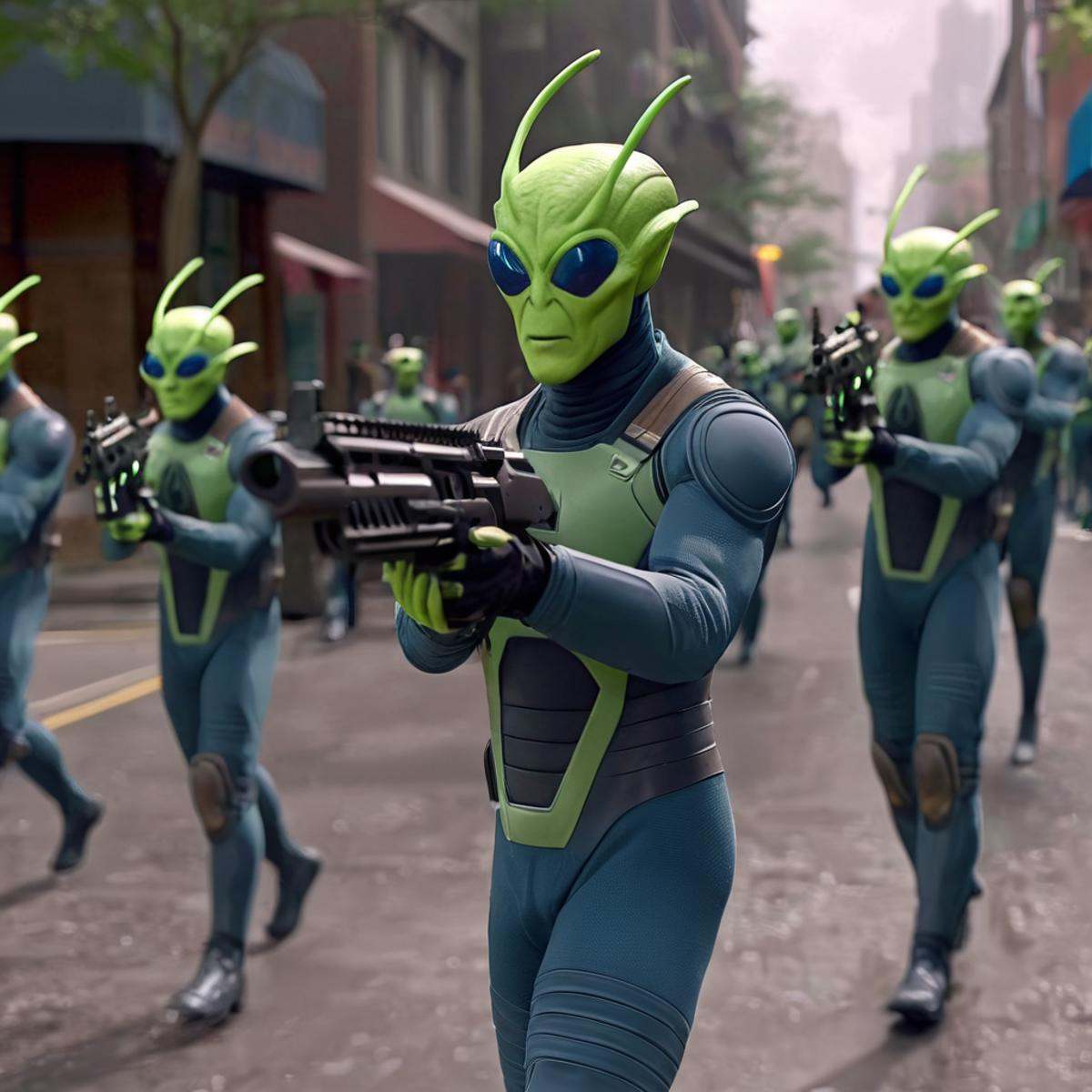 cinematic film still of detailed perfect Flaxans Race a group of aliens are marching down a street,  invasion,  inter-dime...
