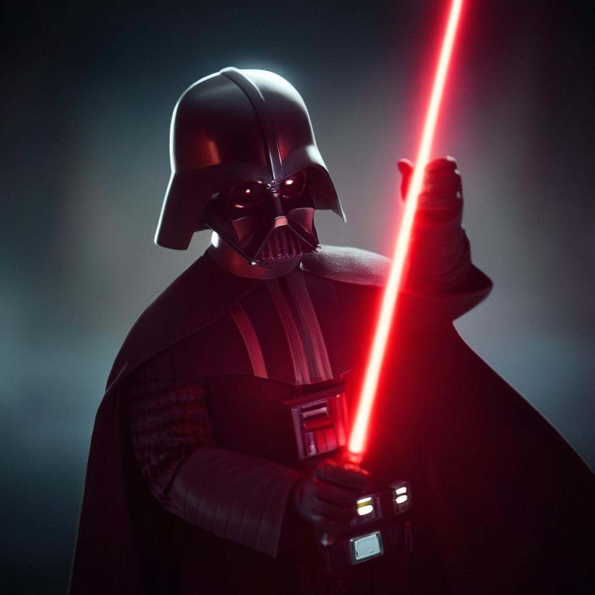 cinematic film still of Darth Vader a cartoon bald head scar face star wars character with a red light saber in star wars...