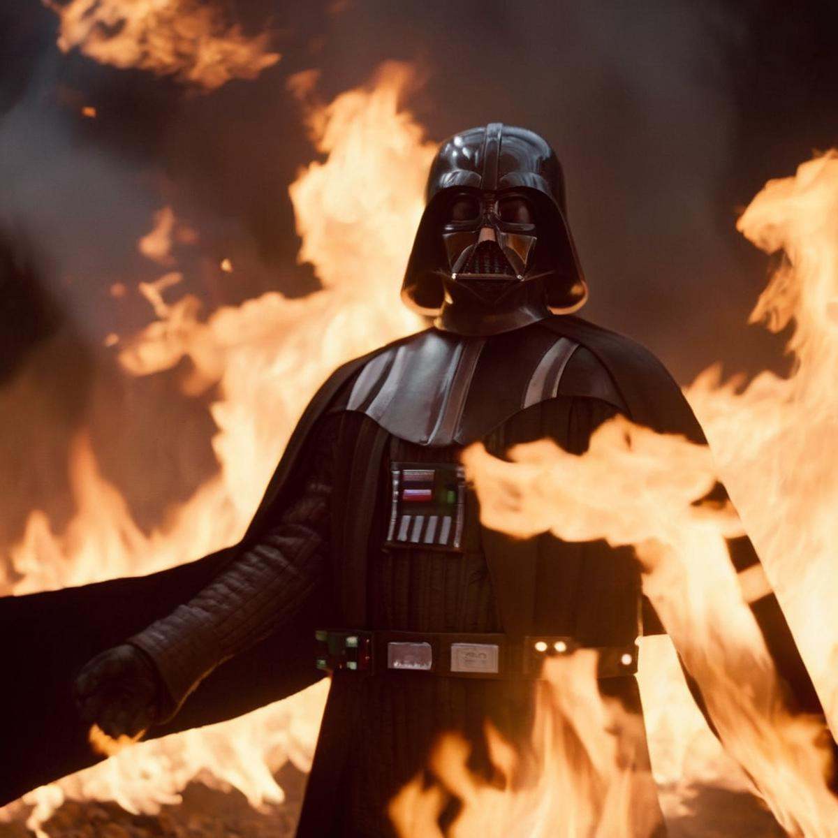 cinematic film still of Darth Vader a man is set on fire burned alive with fire everywhere in star wars universe,  shallow...