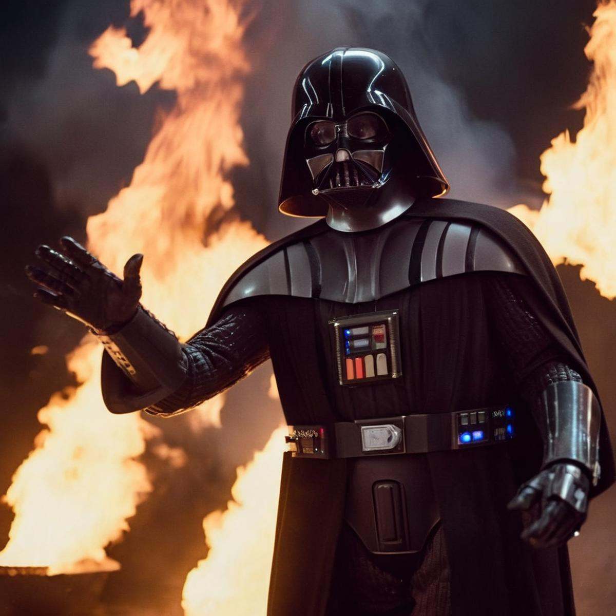 cinematic film still of Darth Vader a bald white face man with shiny eyes and a robotic prosthetic perfect sci fi hands in...