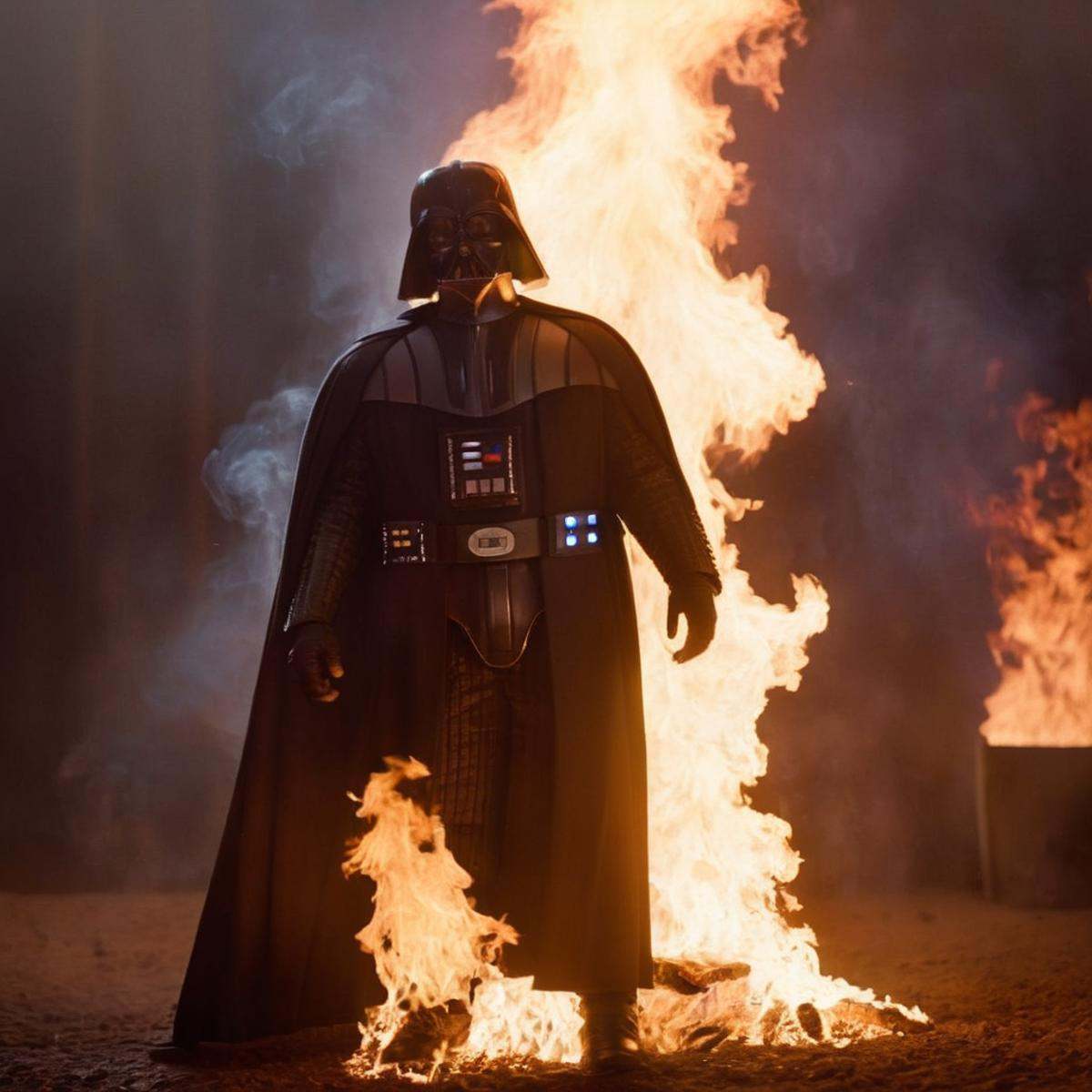cinematic film still of Darth Vader a human cooked meat body is set on fire with ashes and fire breathing in star wars uni...