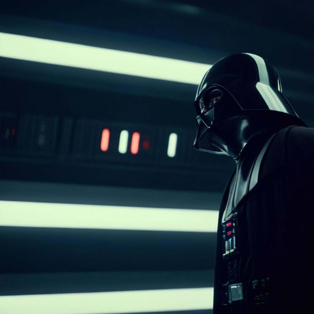 cinematic film still of Darth Vader a star wars scene with a man on a spaceship in star wars universe,  shallow depth of f...
