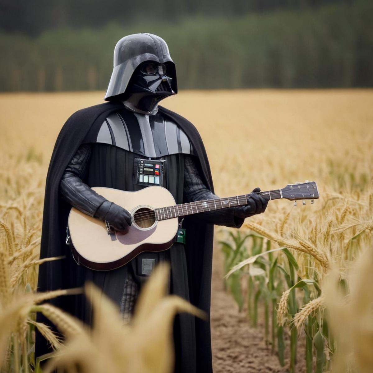 cinematic film still of Darth Vader a darth vader costumed in a cornfield with a guitar case in star wars universe,  shall...