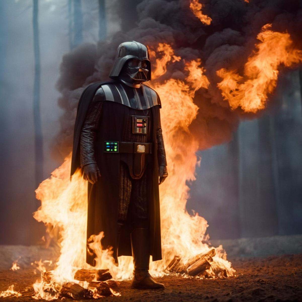 cinematic film still of Darth Vader a man is set on fire burned alive with fire everywhere in star wars universe,  shallow...