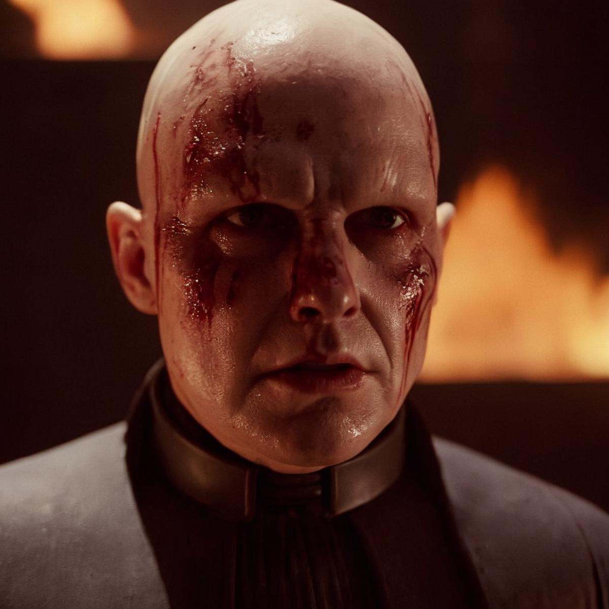 cinematic film still of Darth Vader a close up of a bust of a bald man with a bloody burned face with burn marks and white...