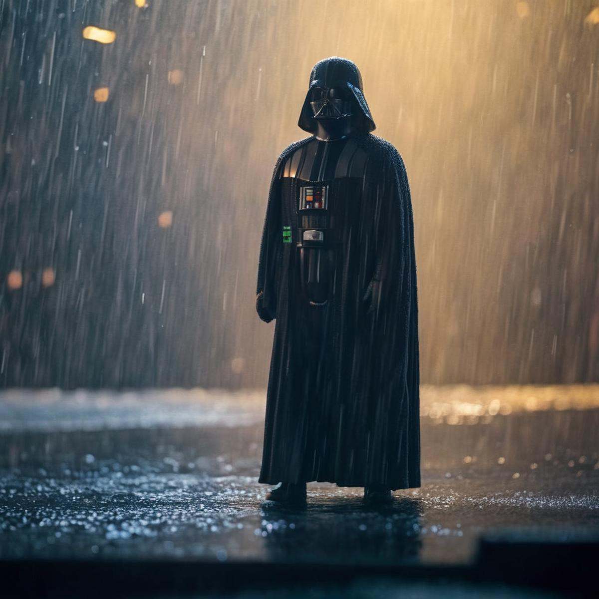 cinematic film still of Darth Vader a painting of a darth vader in the rain in star wars universe,  shallow depth of field...