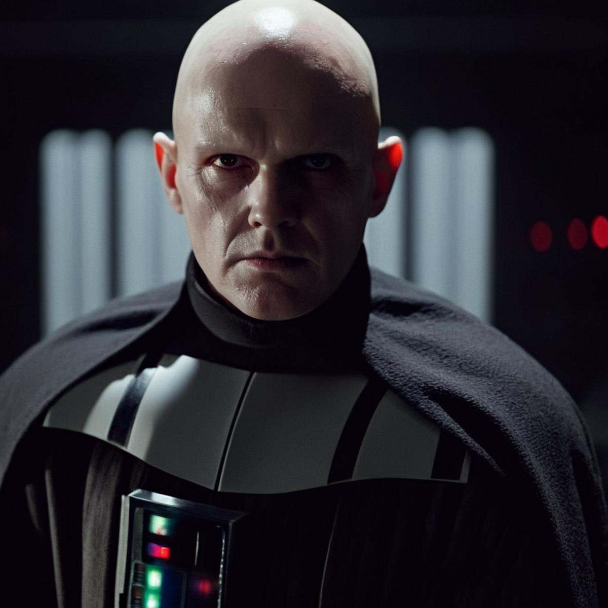 cinematic film still of Darth Vader a bald creepy shiny eyes man with white face and scars dressed as darth vader in a dar...