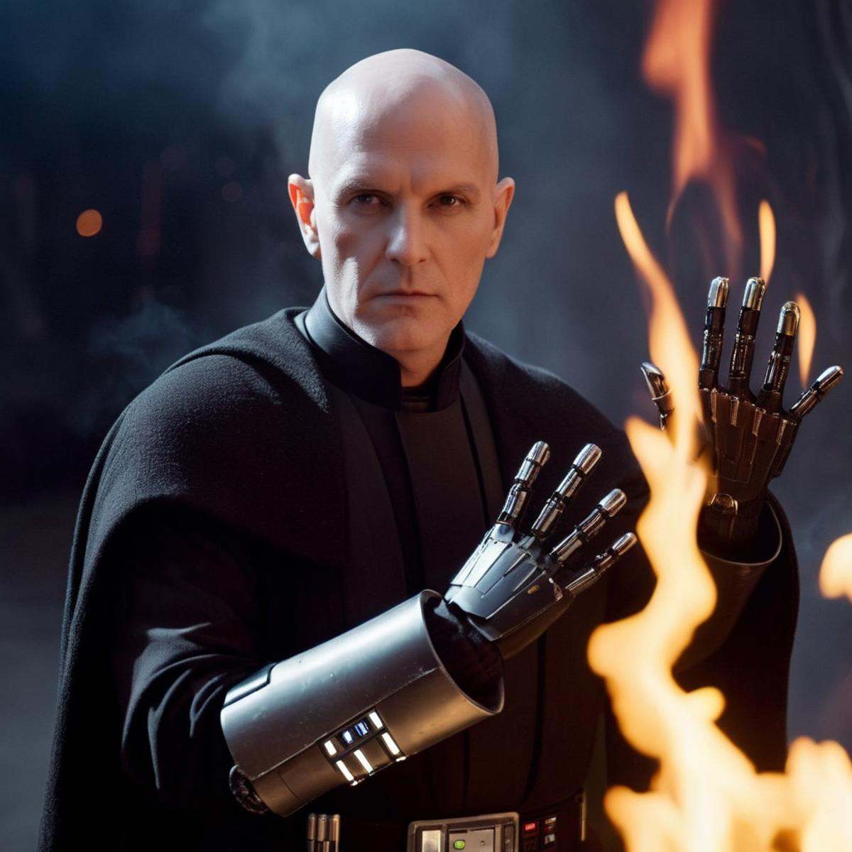 cinematic film still of r a bald white face man with shiny eyes and a robotic prosthetic perfect sci fi hands in a black c...