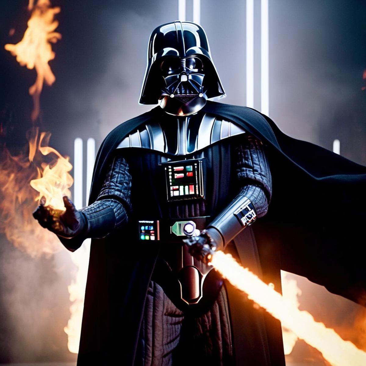 cinematic film still of Darth Vader a bald white face man with shiny eyes and a robotic prosthetic perfect sci fi hands in...