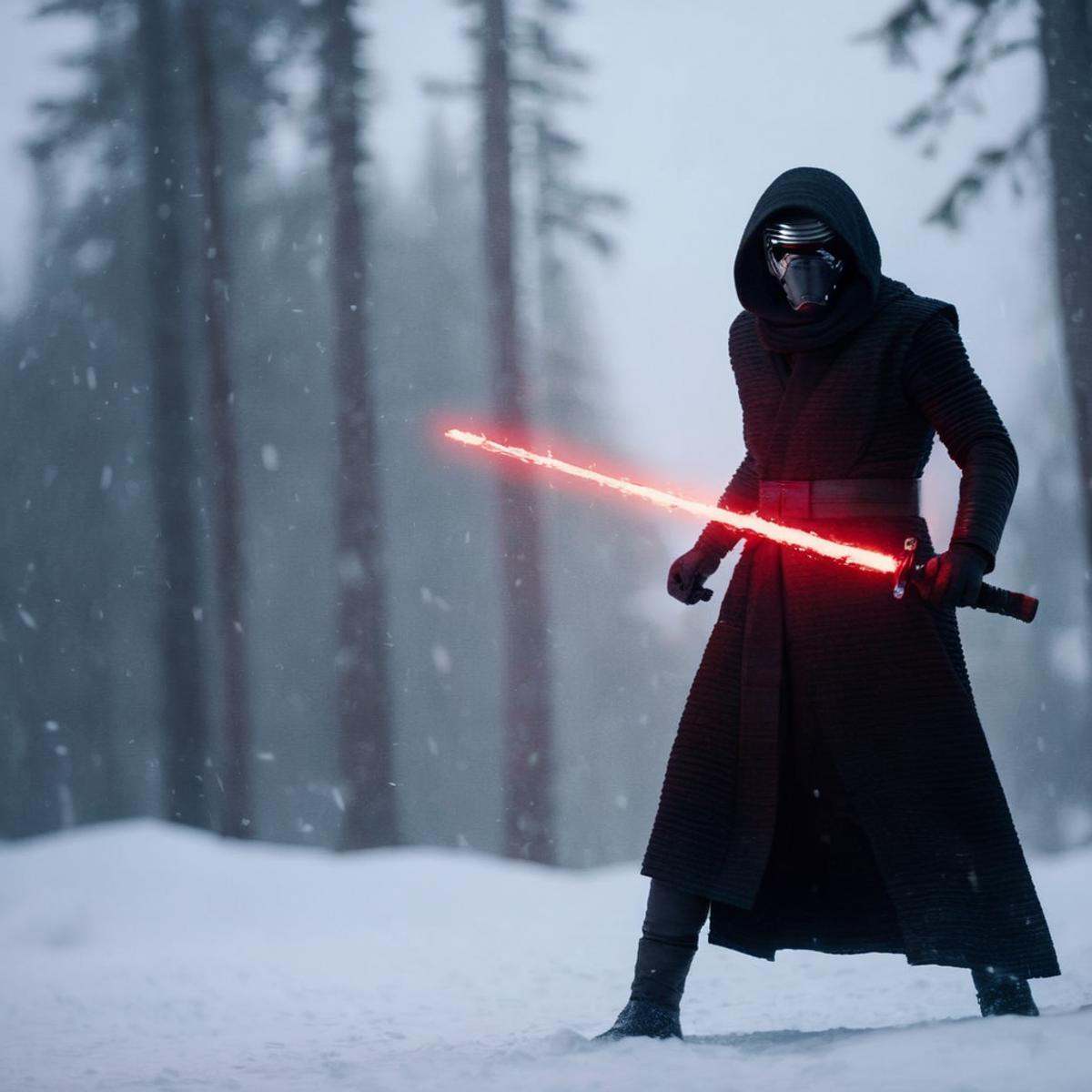 cinematic film still of Kylo Ren a closeup of a person with a red lightsaber sword in the snow in star wars universe,  sha...