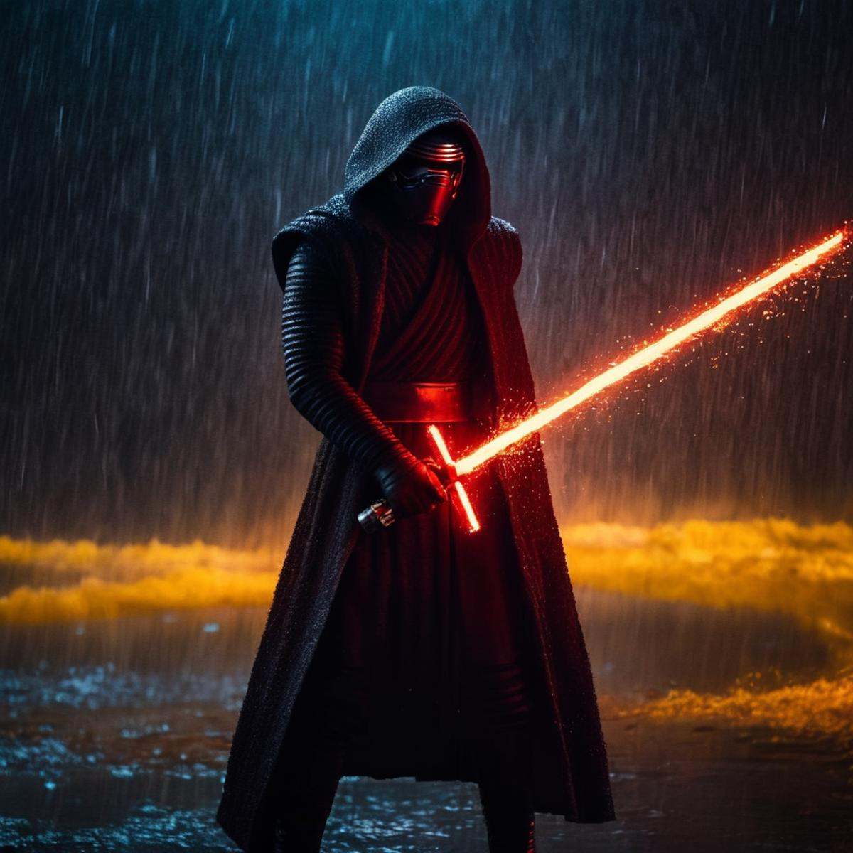cinematic film still of Kylo Ren an realistic photo of a man in a dark suit holding a red lightsaber sword with yellow gol...