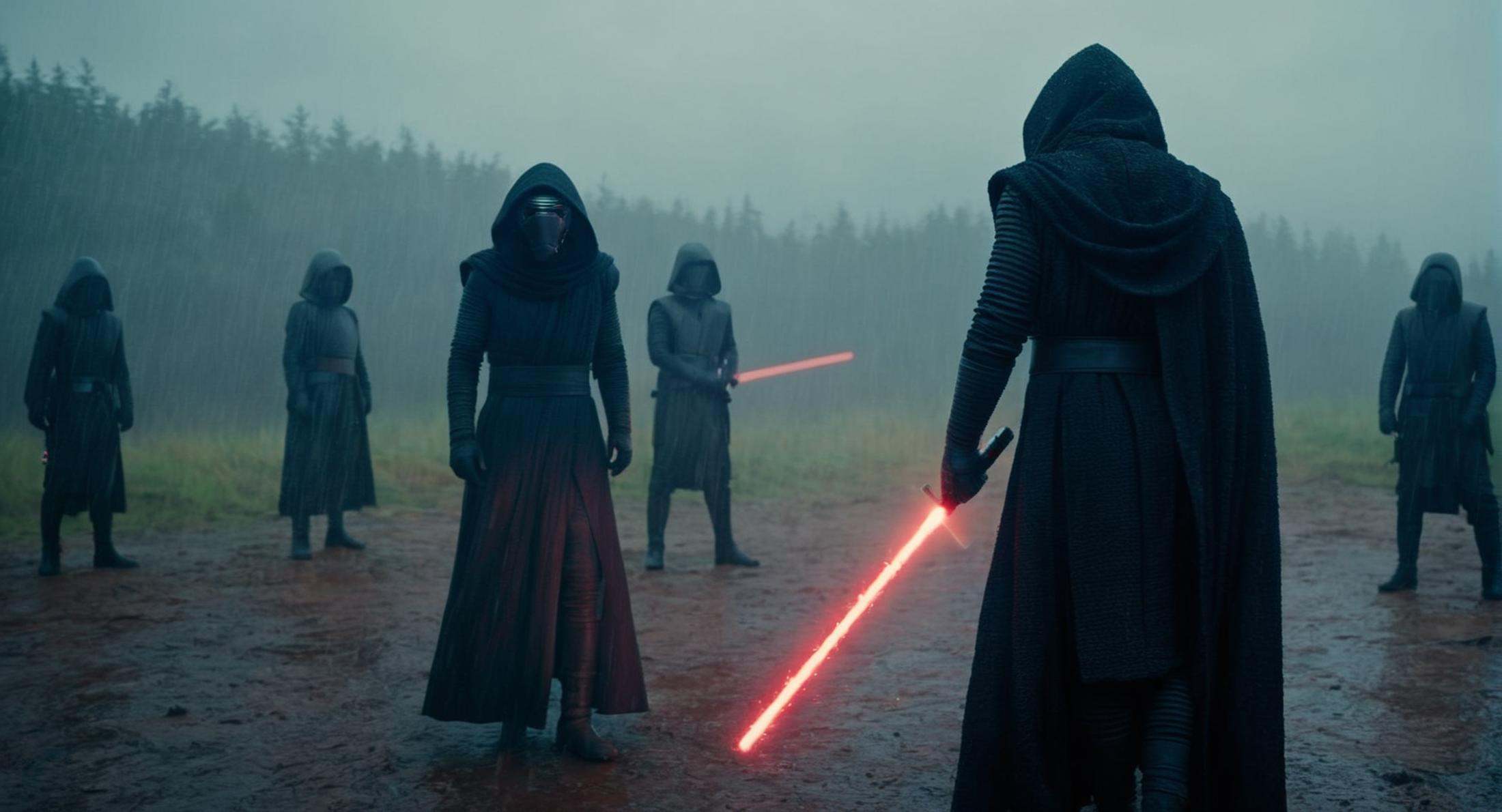 cinematic film still of Kylo Ren a group of people standing in the rain with red lightsaber in star wars universe,  shallo...