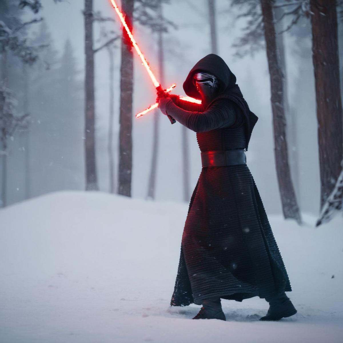 cinematic film still of Kylo Ren a person with a red lightsaber sword in the snow in star wars universe,  shallow depth of...