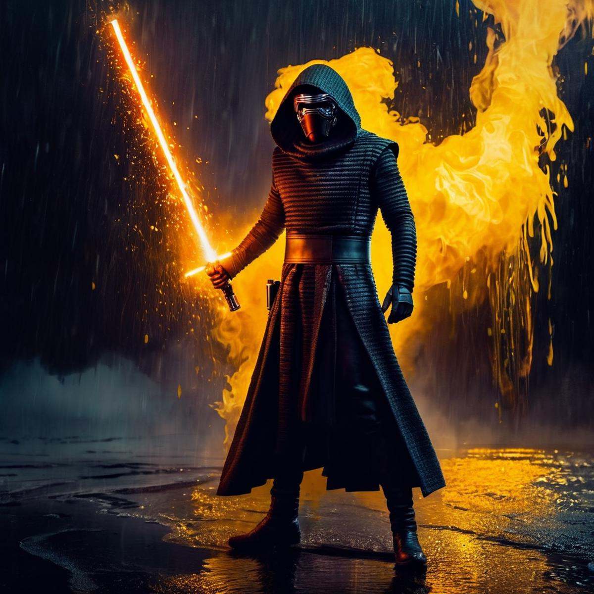Dark Fantasy Art of Kylo Ren an realistic photo of a man in a dark suit holding a lightsaber with yellow golden liquid fir...