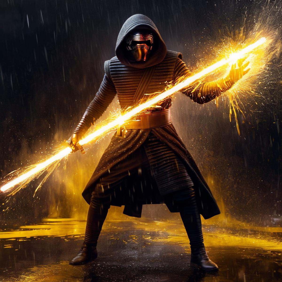 Hyperrealistic art of Kylo Ren an realistic photo of a man in a dark suit holding a lightsaber with yellow golden liquid f...