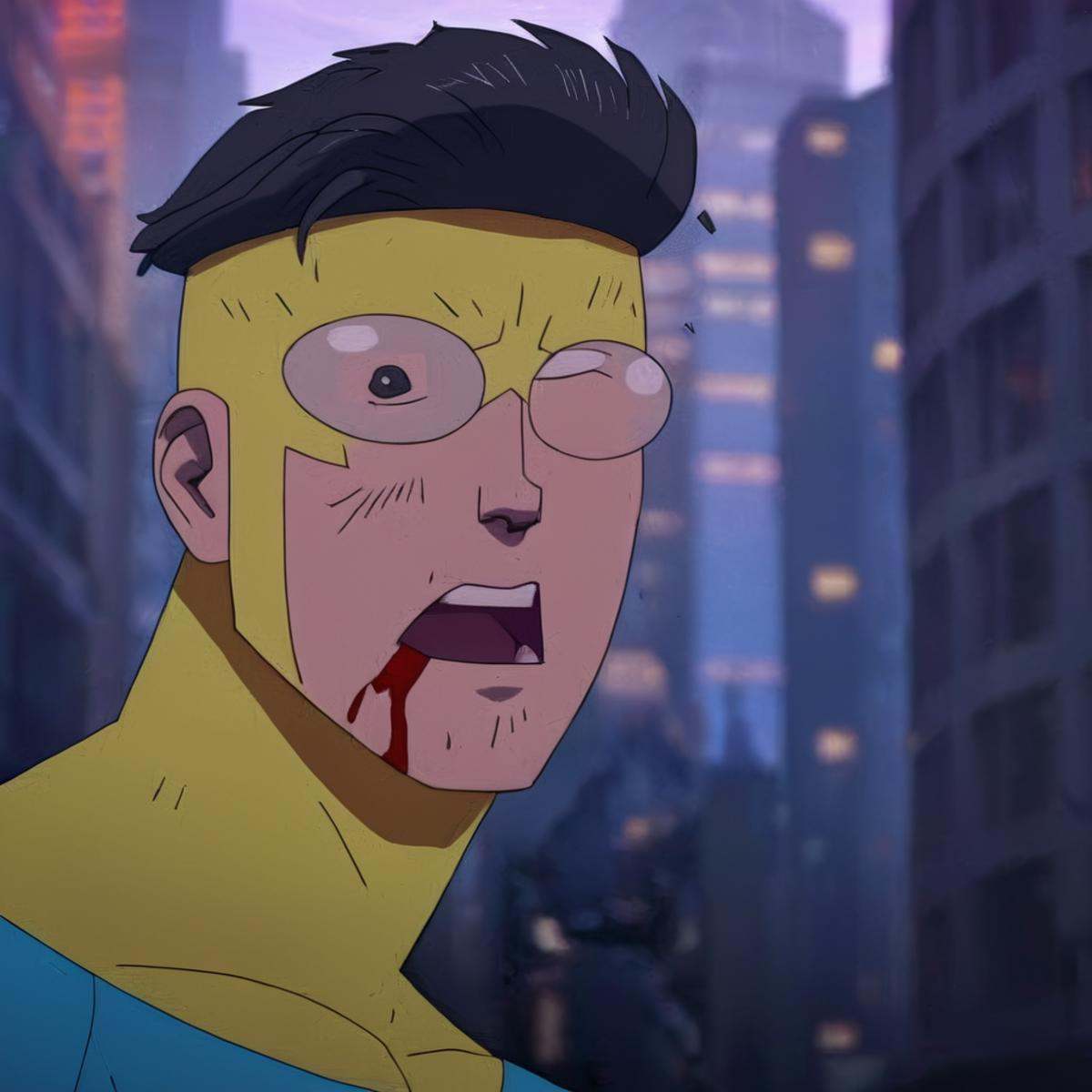 cinematic film still of detailed perfect Invincible in a broken costume a cartoon character with a very big head,  Invinci...