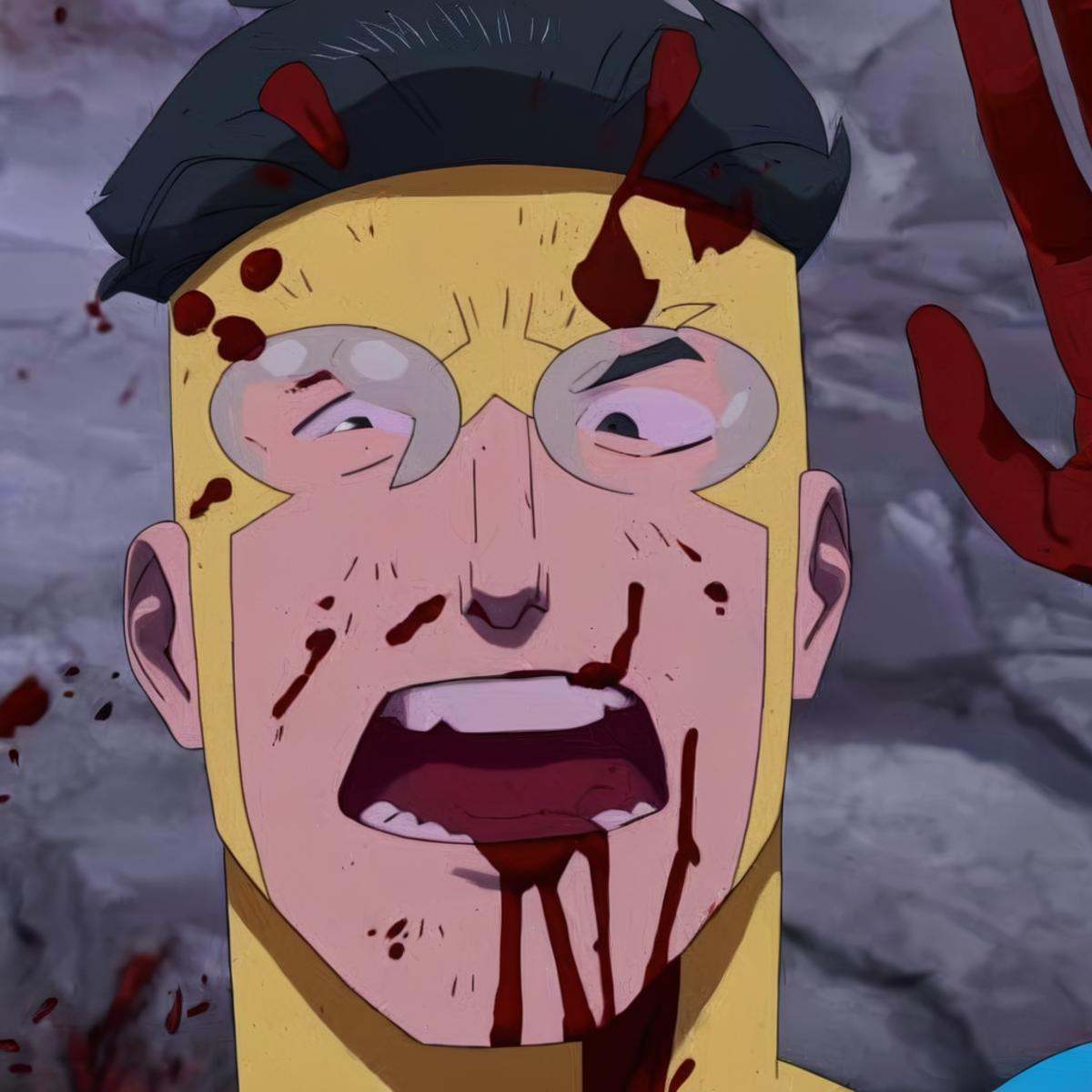 cinematic film still of detailed perfect Invincible in a broken costume a man with a bloody face and a bloody hand,  Invin...