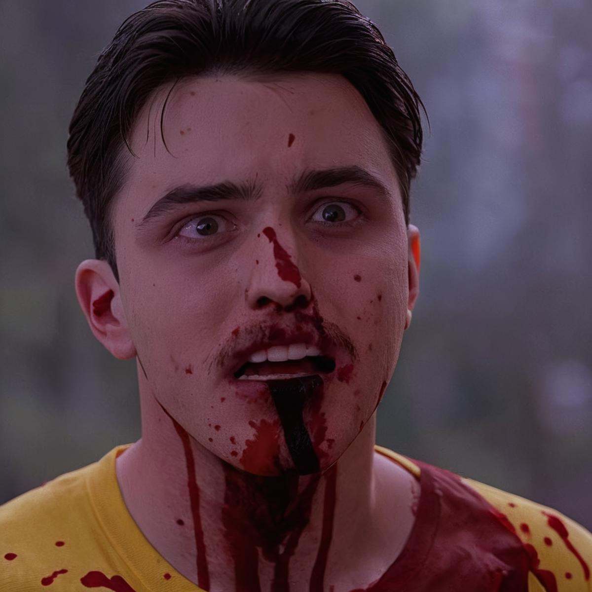 cinematic film still of detailed perfect Invincible covered in blood a man with a bloody face and a yellow shirt,  covered...