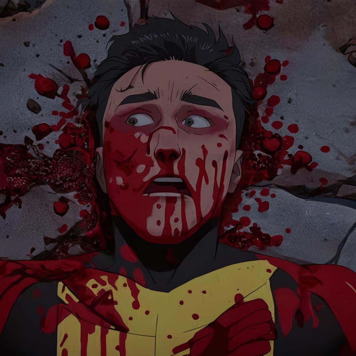cinematic film still of detailed perfect From above,  Invincible covered in blood a man with a red and yellow costume on,...