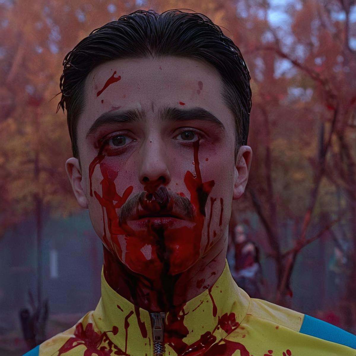 cinematic film still of detailed perfect Invincible covered in blood a man with a bloody face and a yellow jacket,  covere...