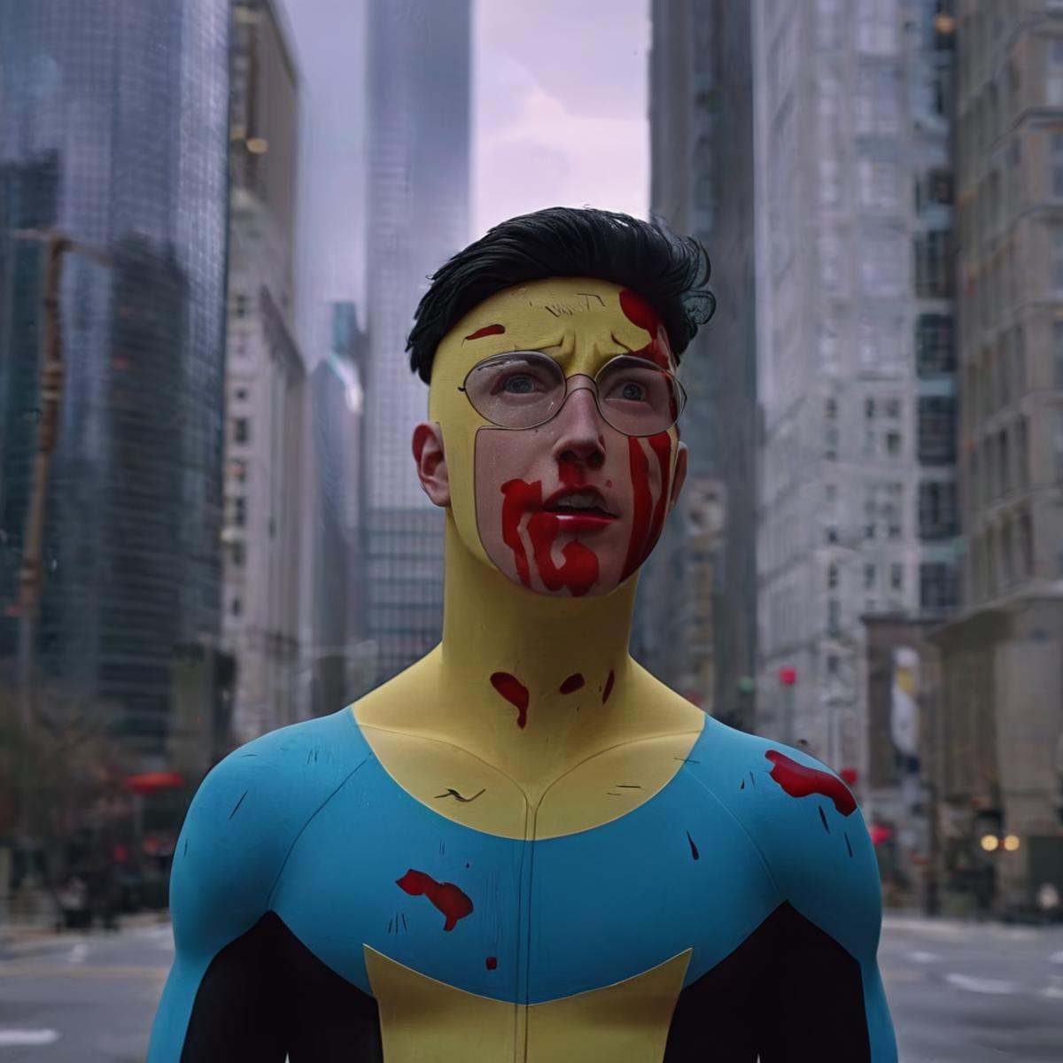 cinematic film still of detailed perfect Invincible in a broken costume a man in a yellow and blue outfit standing in fron...