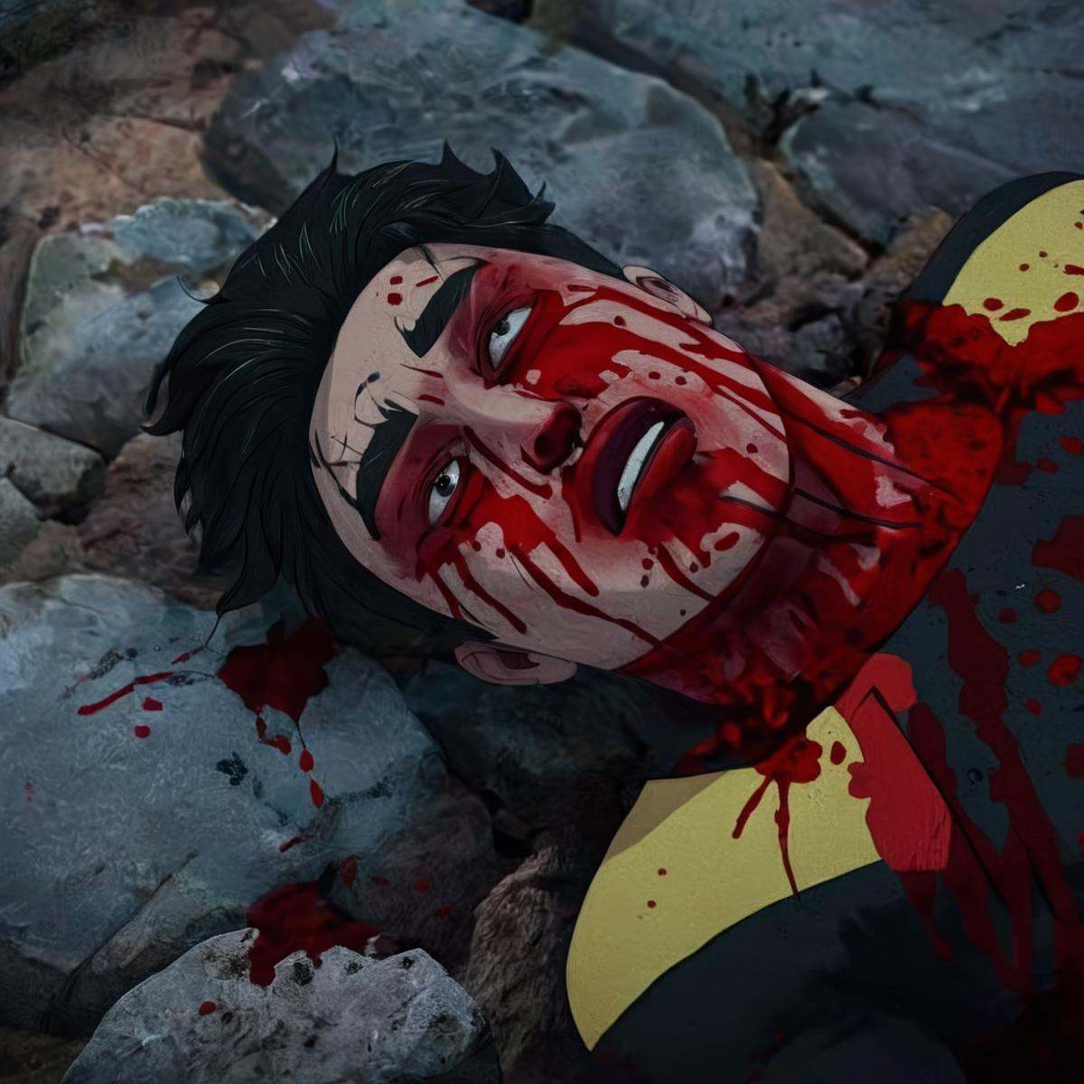 cinematic film still of detailed perfect Invincible covered in blood a cartoon of a man with blood on his face,  covered i...