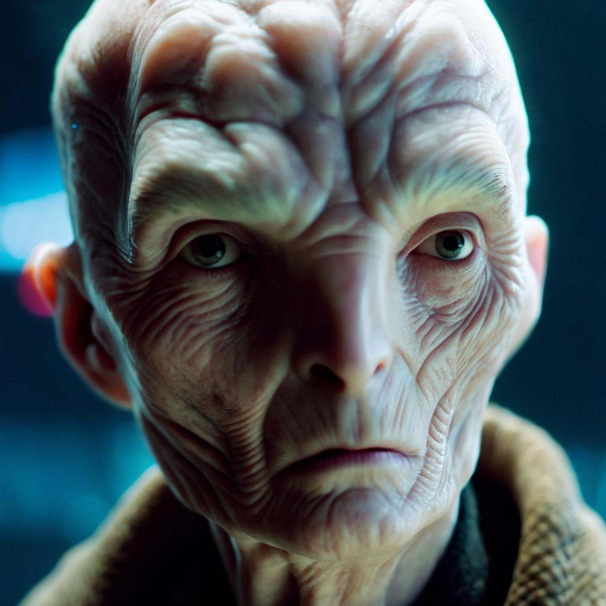 cinematic film still of Snoke a creepy looking man with a big head in star wars universe,  shallow depth of field,  vignet...