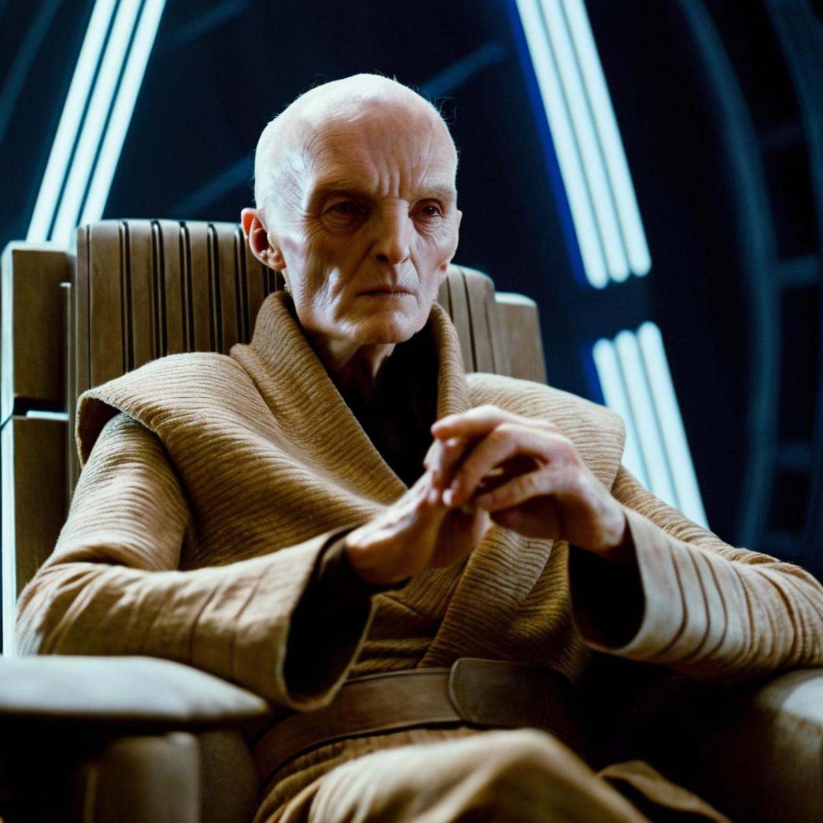 cinematic film still of Snoke a man sitting in a chair with a creepy perfect hand in star wars universe,  shallow depth of...