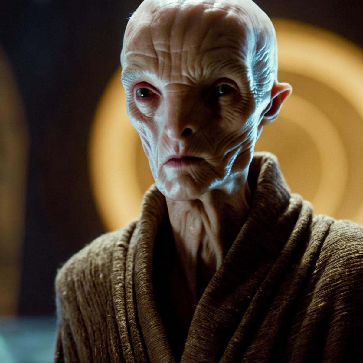 cinematic film still of Snoke a man with a very large head and a very long neck in star wars universe,  shallow depth of f...