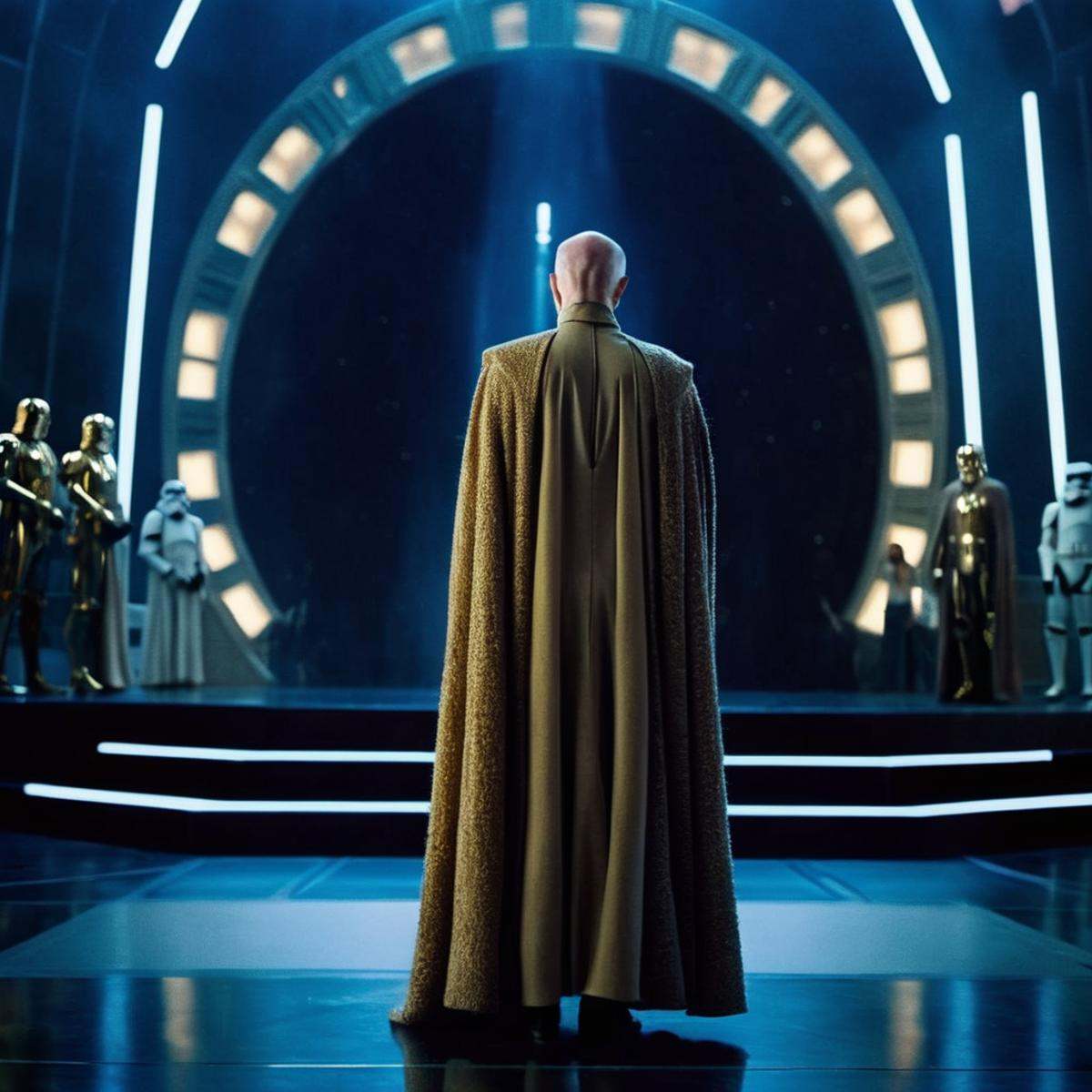 cinematic film still of Snoke a man in a cloak standing in front of a giant throne in star wars universe,  shallow depth o...