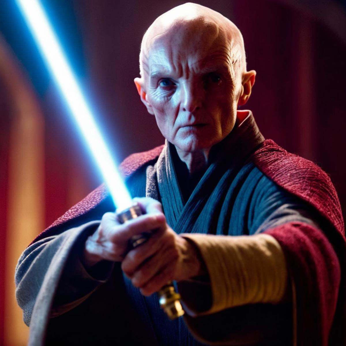 cinematic film still of Snoke a man with a red light saber in his hand in star wars cinematic universe,  shallow depth of...