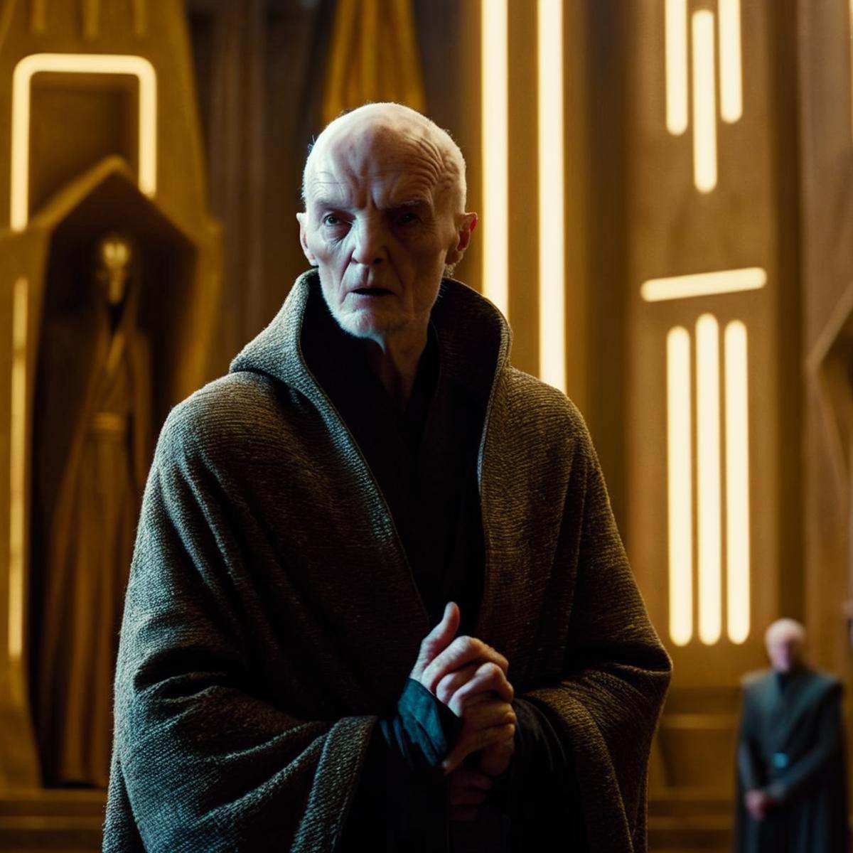 cinematic film still of Snoke a man in a cloak standing in front of a giant throne in star wars cinematic universe,  shall...