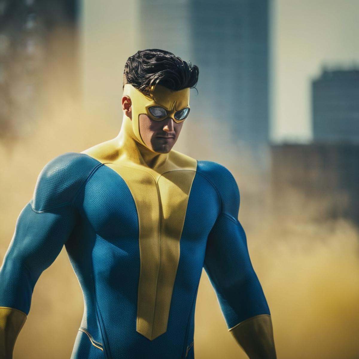 cinematic film still of detailed perfect Invincible superhero101 yellow and blue outfit,  shallow depth of field,  vignett...