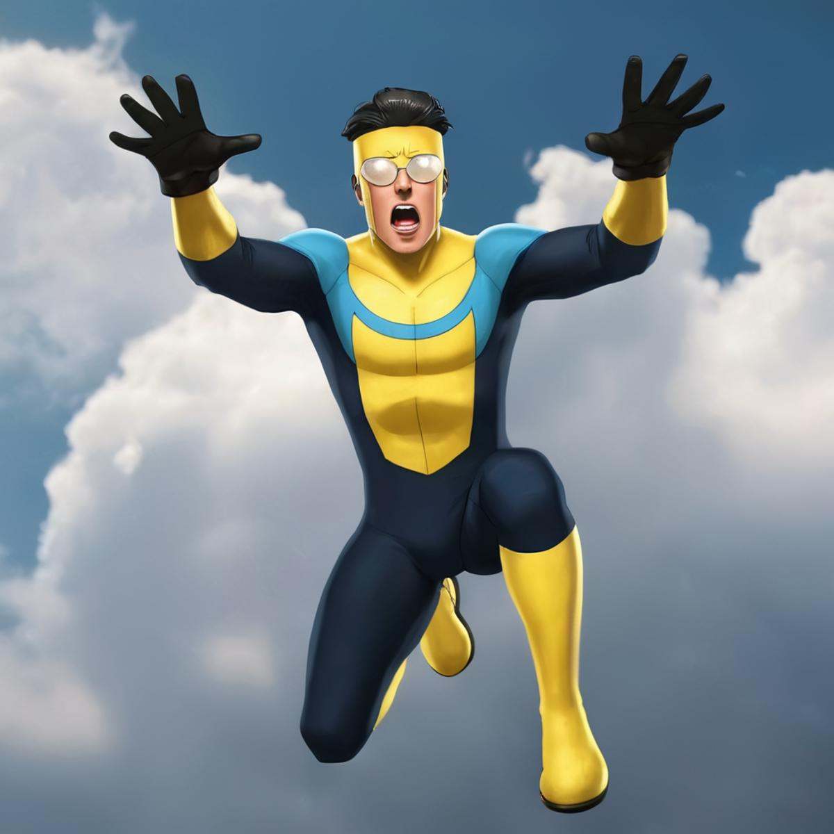 cinematic film still of detailed perfect Invincible a very angry screaming man flying through the air with a yellow and bl...