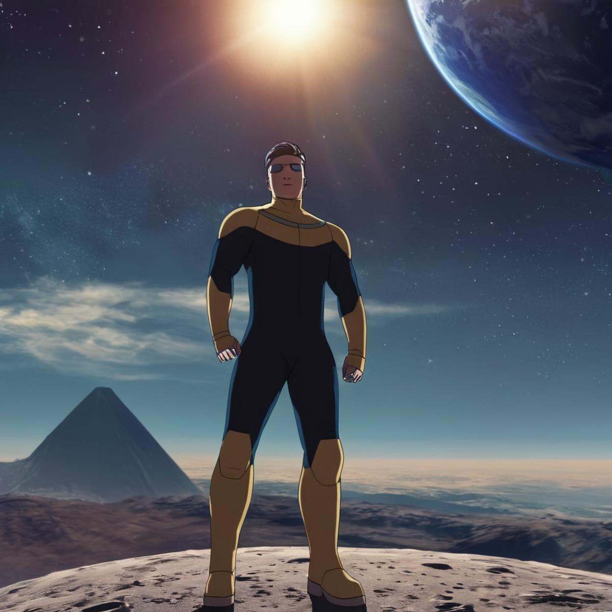 cinematic film still of detailed perfect Invincible a person standing on a moon covered surface looking at a planet earth...