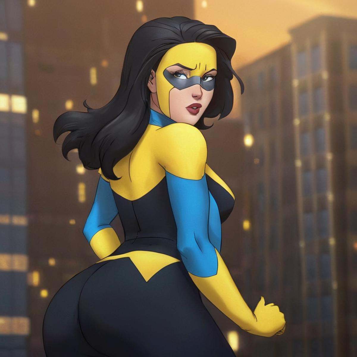 cinematic film still of detailed perfect Alternate Female Invincible a cartoon of a Invincible Milf woman with a yellow an...