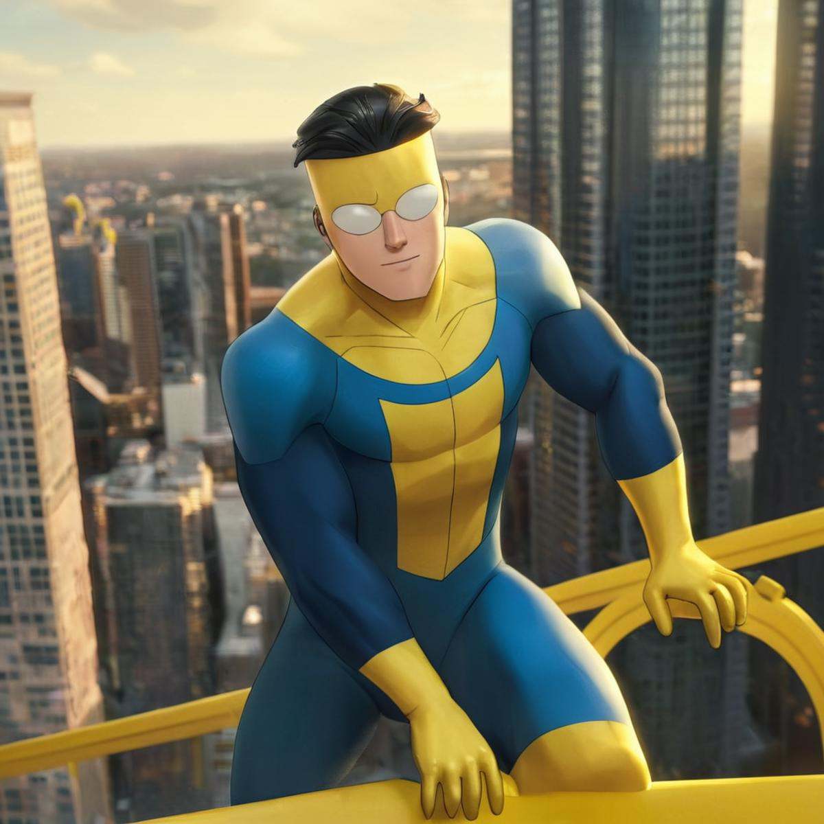 cinematic film still of detailed perfect Invincible a man in a blue and yellow suit stands on a yellow platform main chara...