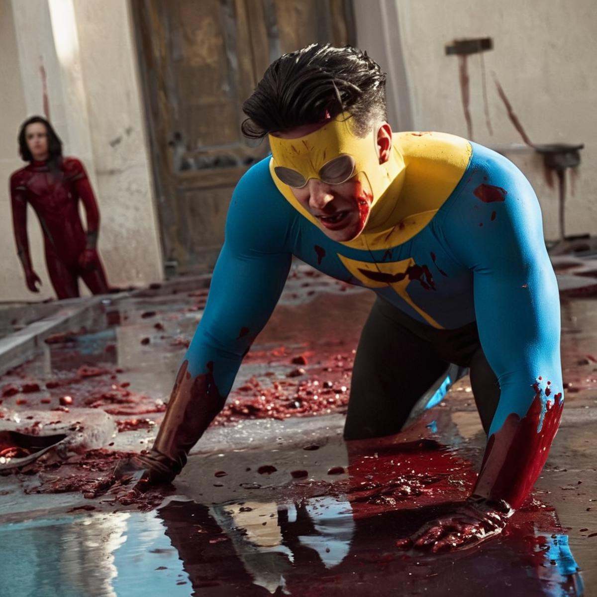 cinematic film still of detailed perfect Invincible a man in a yellow and blue outfit is standing in a building wreck cove...
