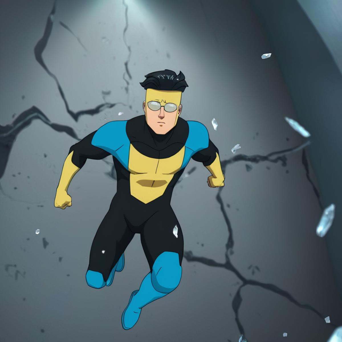 cinematic film still of detailed perfect Invincible a cartoon character is hovering in a room main character,  main protag...