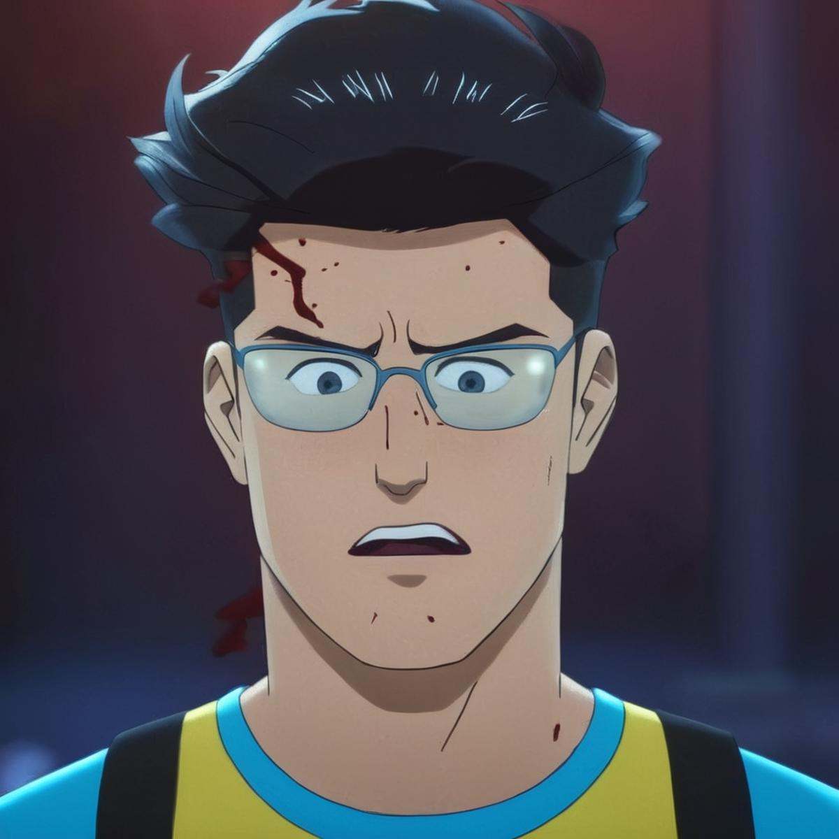 cinematic film still of detailed perfect Invincible in a broken costume a cartoon man with a yellow shirt and blue shirt,...