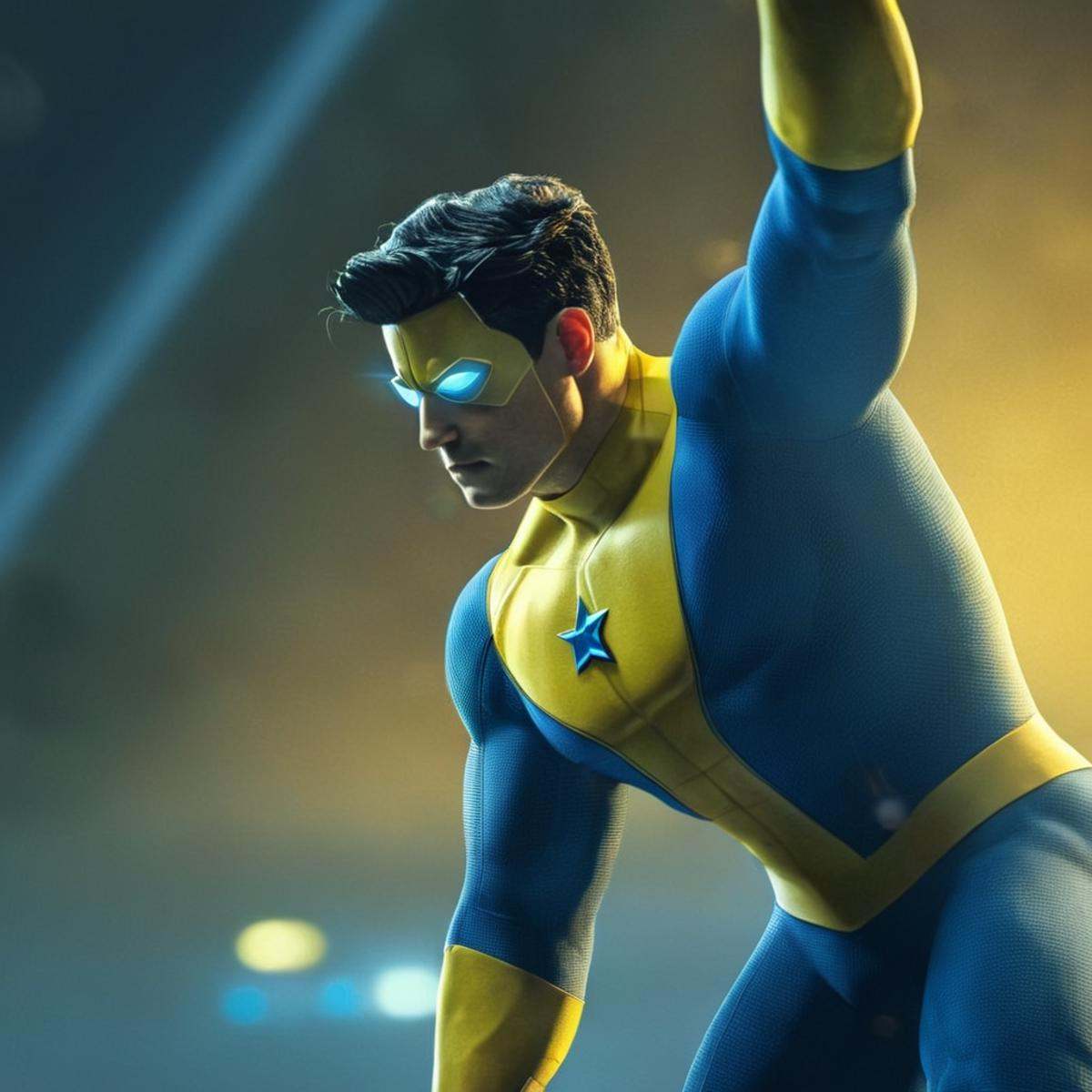 cinematic film still of detailed perfect Invincible superhero101 yellow and blue outfit,  shallow depth of field,  vignett...