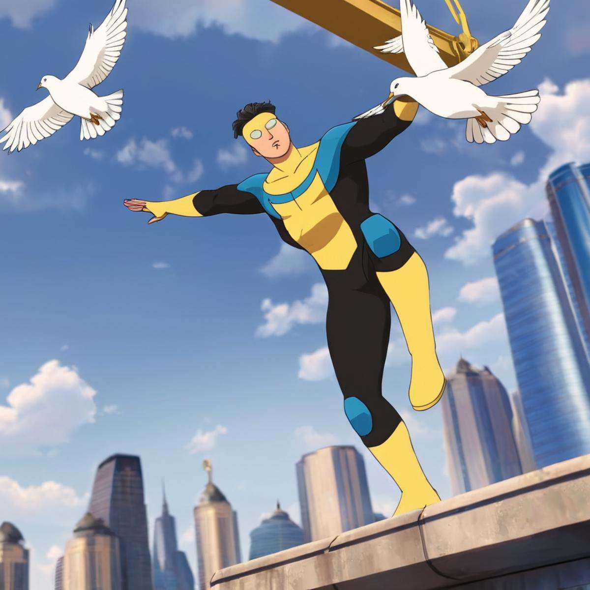 cinematic film still of detailed perfect Invincible a man standing on a yellow crane ledge surrounded by flying white dove...