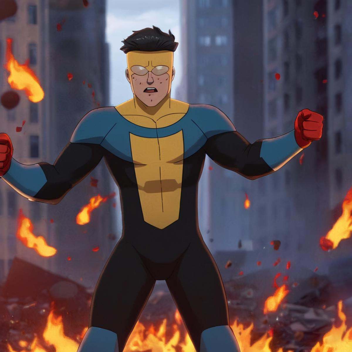 cinematic film still of detailed perfect Invincible a cartoon character standing in front of a fire with anger and blood o...