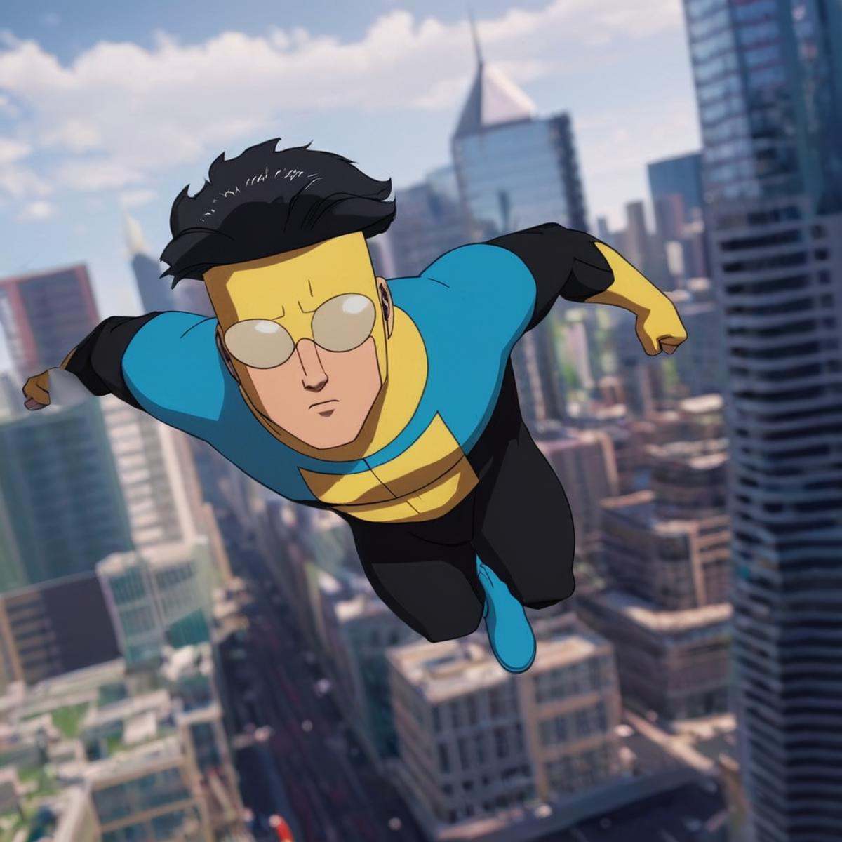 cinematic film still of detailed perfect Invincible a man flying through the air over a city to the viewers,  main charact...