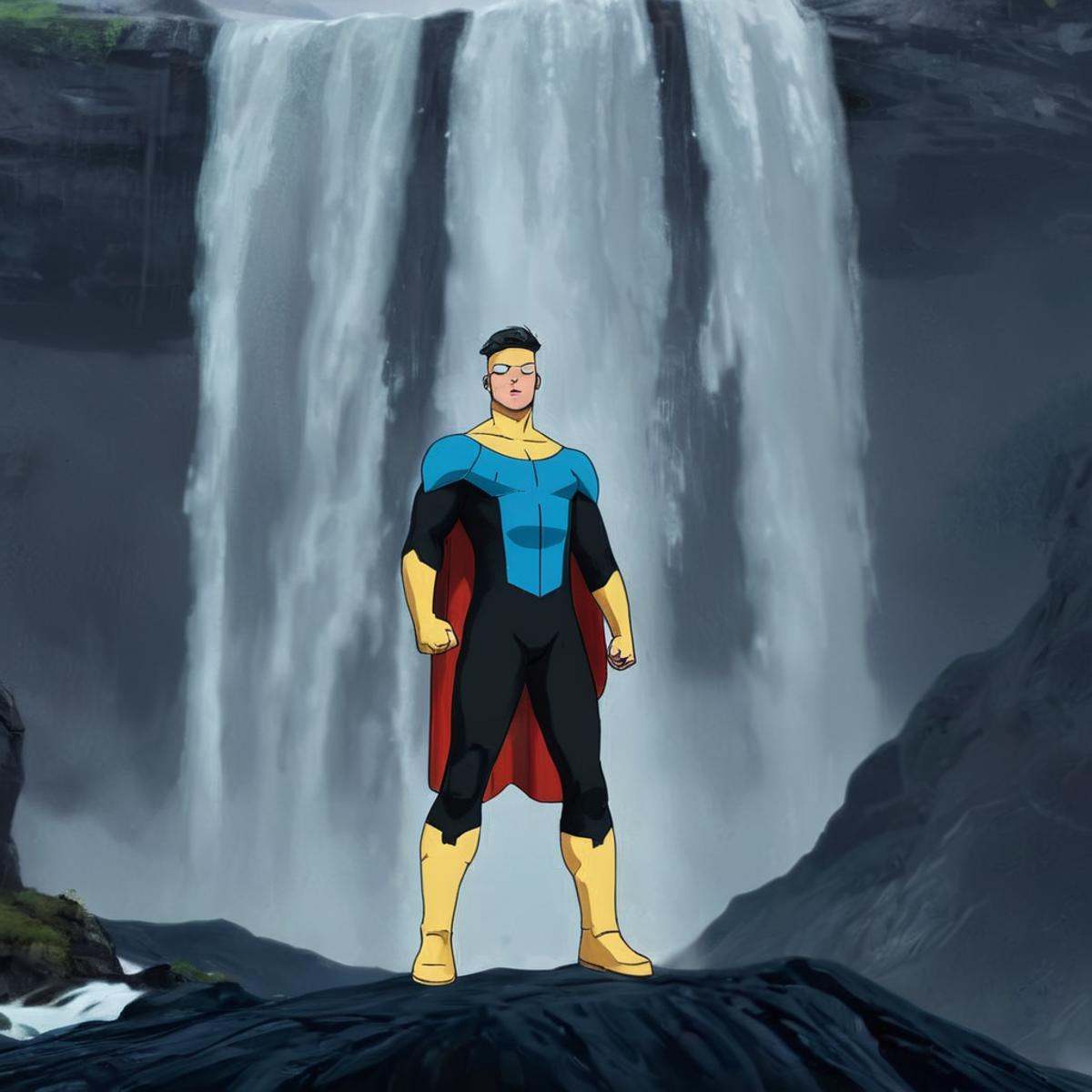cinematic film still of detailed perfect Invincible a man standing in front of a fire filled room with heavy waterfalls,...